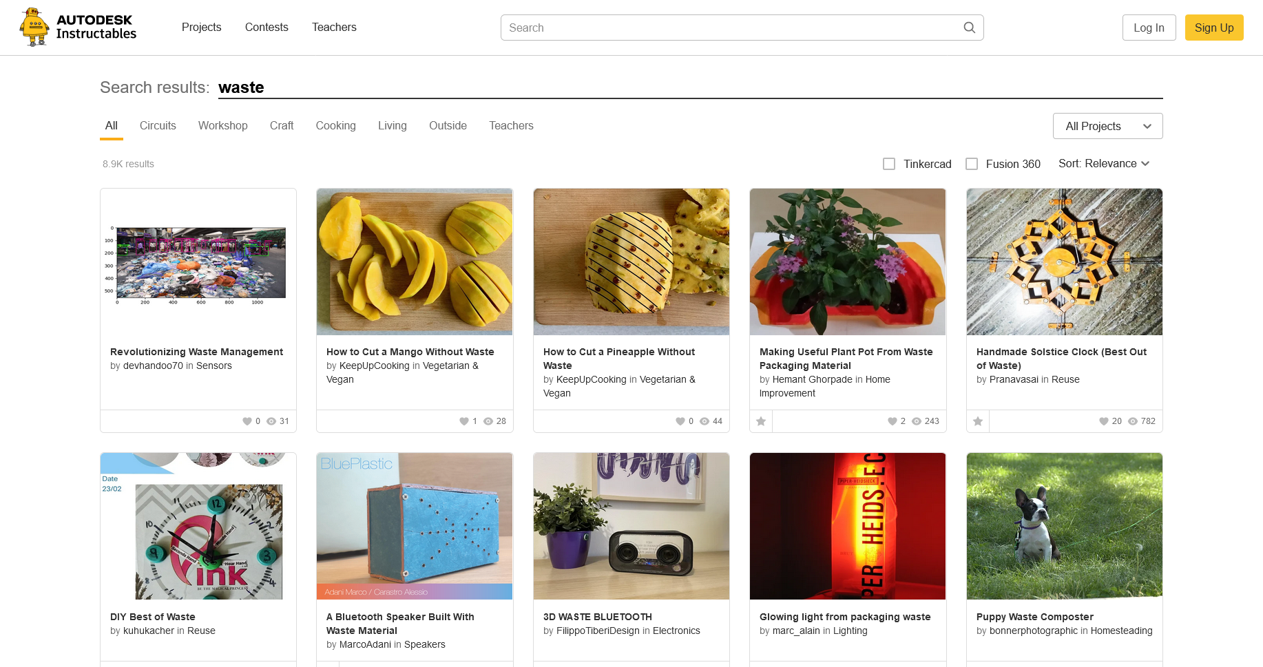 Instructables.com search with "waste" keyword